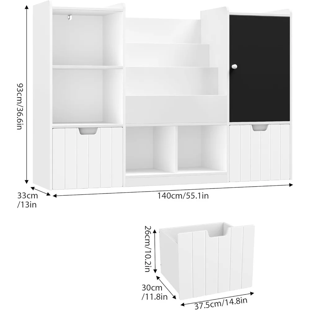Органайзер для хранения игрушек, органайзер для игрушек и хранилище для игрушек диаметром 55,1 дюйма с классной доской, книжный шкаф с 2 подвижными ящиками и 6 ящиками для хранения