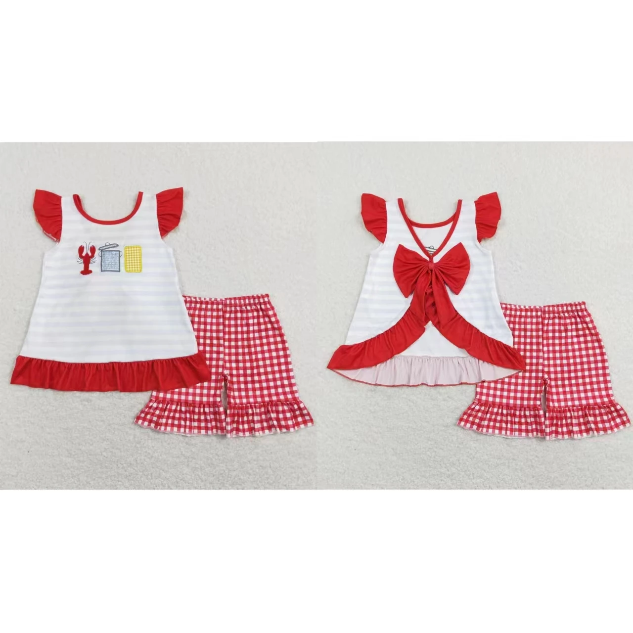 Wholesale Kids Children Summer Clothes Embroidery Crawfish Open Back Tunic Outfit Toddler Red Plaid Ruffle Shorts Baby Girl Set