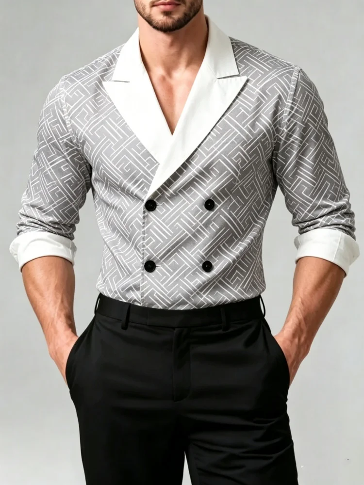 Men's Contrast White Lapel Geometric Line Print Double Breasted Shirt Slim Fit Long Sleeve Business Casual Shirt