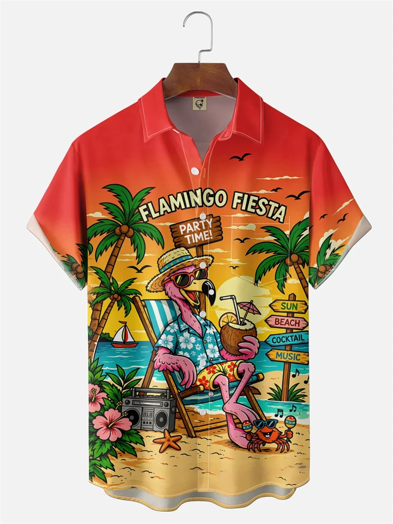 Funny Hawaiian Shirt For Men Women Cartoon Flamingos Parrots Cartoon Animal 3D Printed 2026 New Summer Short Sleeves Shirts Tops
