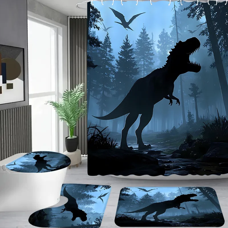 

4 шт. узор лесного динозавра, ванная комната в квартире, занавеска для душа, комплект занавесок для душа в отеле, с 12 крючками, коврик для ванной комнаты, той