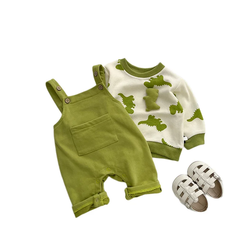 2024 Spring Autumn Baby Boys 2PCS Clothes Set Cotton Long Sleeve Dinosaurs Pullovers Suspender Pants Suit Toddler Boys Outfits