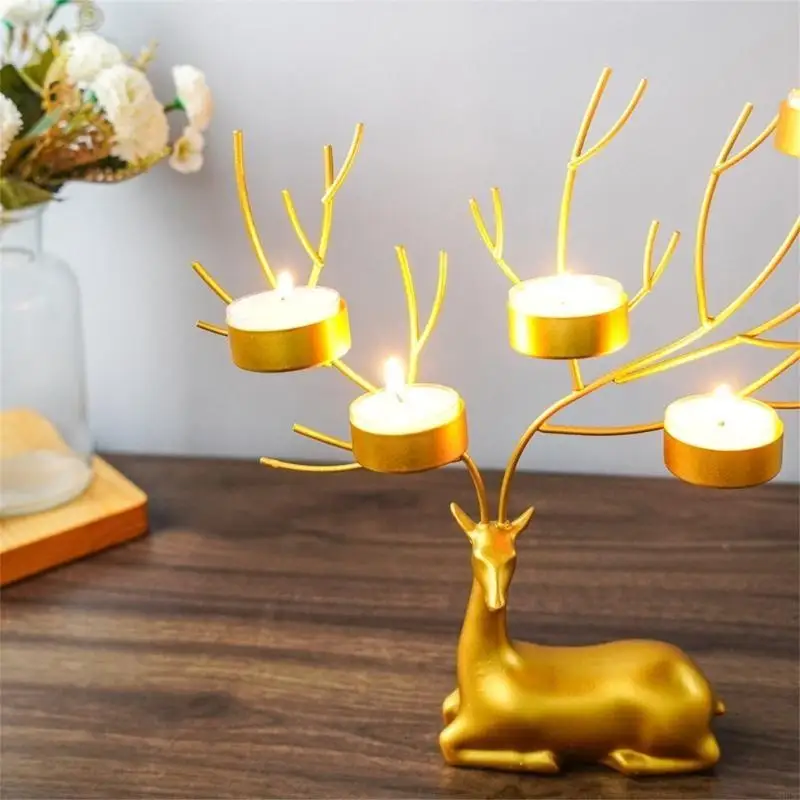 G92C Deer Holder Gold Color Christmas 5 Tealights Stand for Dinning Room Table Centerpieces Decorations