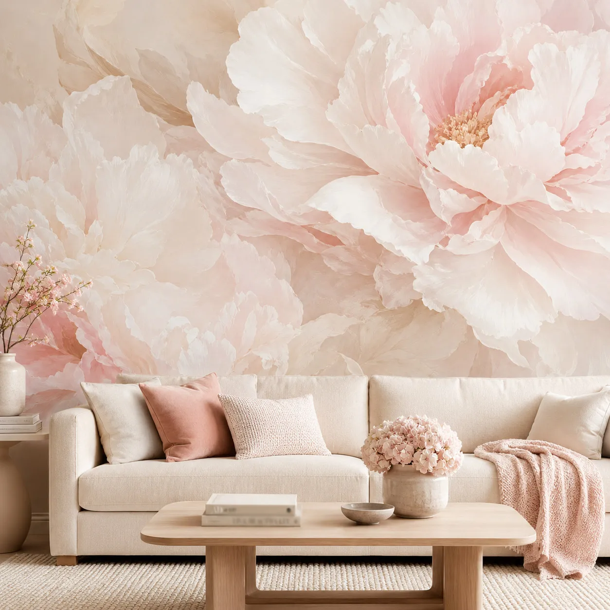 Pink Peony Flower Wall Mural Wallpaper, Soft Watercolor Floral Living Room Sofa Background Decor, Paste Required