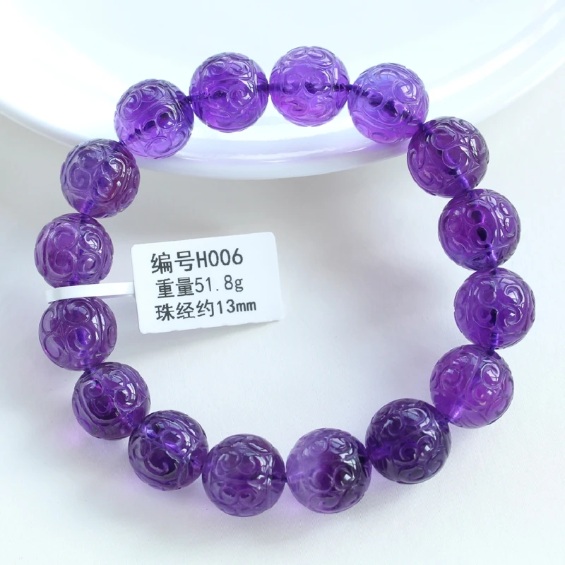 Natural Purple Amethyst Quartz Bracelet Carved Amethyst Clear Round Beads 13mm 14mm Gemstone Woman Men Crystal AAAAAA