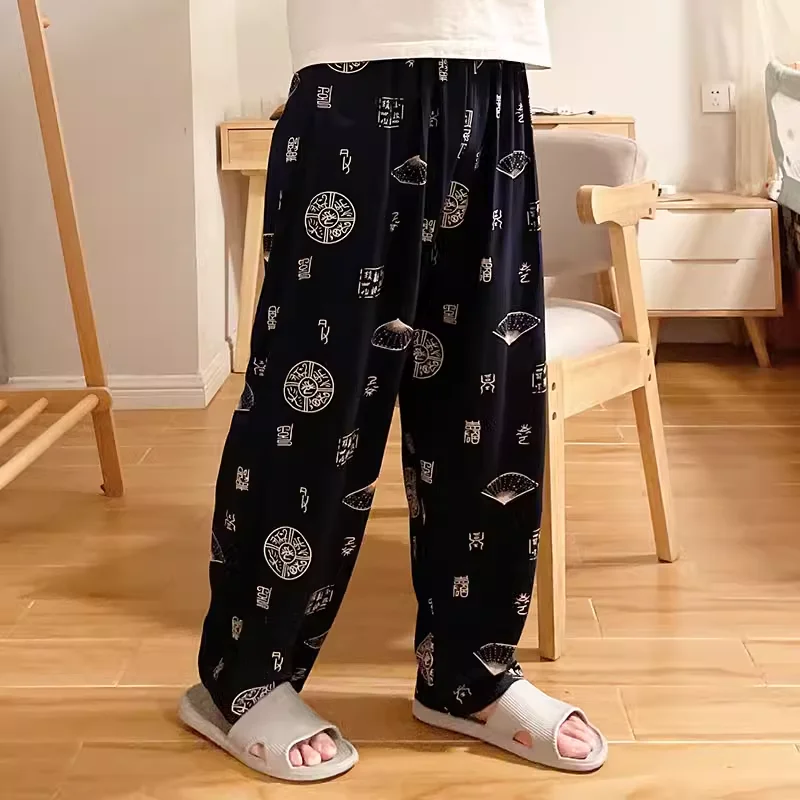 Pijamas de seda de algodón para hombre, ropa de dormir Sexy para el hogar, pantalones largos para dormir, de mediana edad