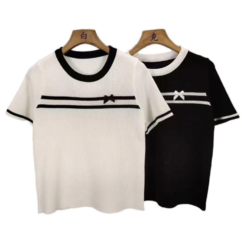 Verão feminino malha camiseta suéteres bowtie manga curta o-pescoço camisetas topos moda workwear elegante senhoras malhas jumpers 2025