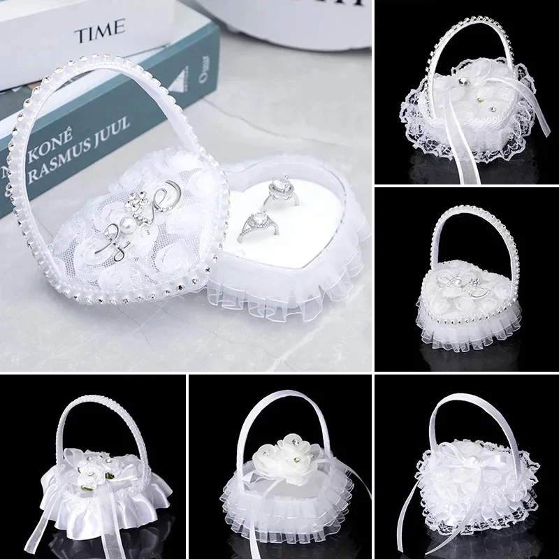 New Wedding Ring Box Rhinestone Heart-shape Flowers Wedding Ring Basket with Rose Ring Pillow Cushion Valentine's Day Gift