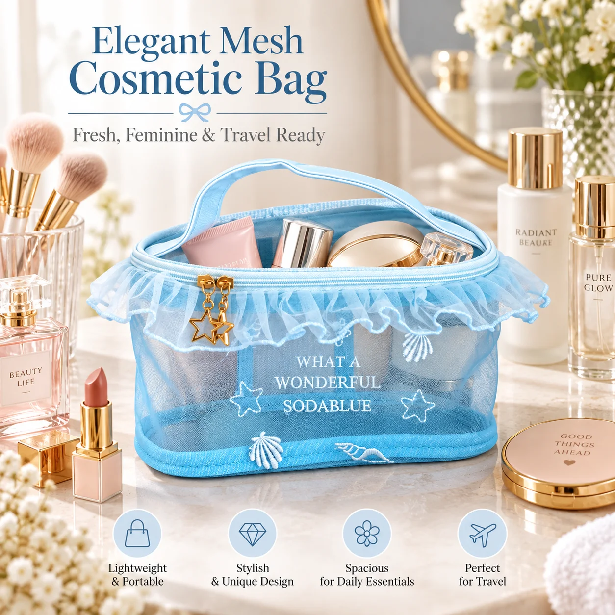 Blue Mesh Makeup Pouch, Embroidered Ruffle Design, High Aesthetic Storage Bag for Travel and Daily Use