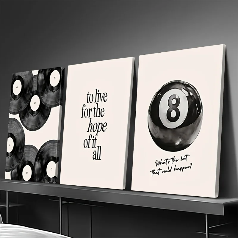（3PCS NOFrame）-2D Flat, 2D Flat, Set of 3, Two-Dimensional Flat, Frameless Black 8-Ball Billiard Art on Canvas, Featuring a R