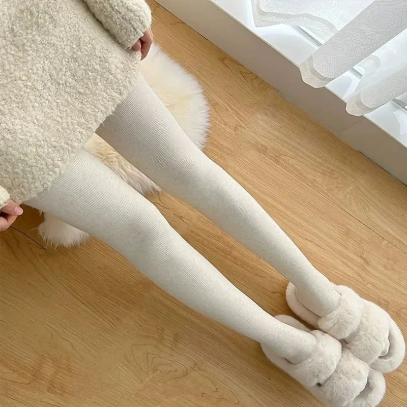 Japanese Cashmere Thick Oat Color Pantyhose Women\'s Winter Warm Thin Velvet White Bottom Socks Vertical Strip Slim Autumn/winter