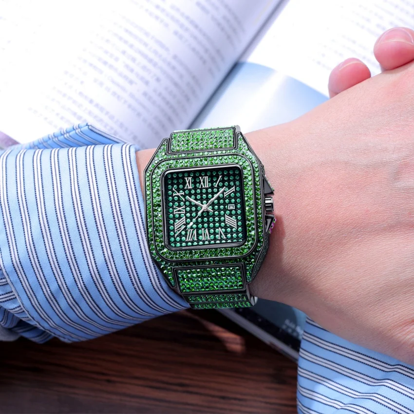 Green Diamond Iced Out Watch Black Plated 24mm Width Roman Numerals Dial Quartz Wristband Watch for Men Women view 3