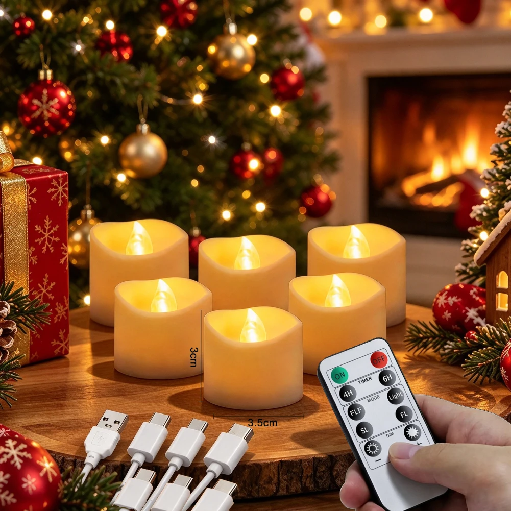 Rechargeable Tea Lights Candles with Remote & Charging Cable/Base 6 Pack Flameless Tealight Electric Votive Nightlamp for Home