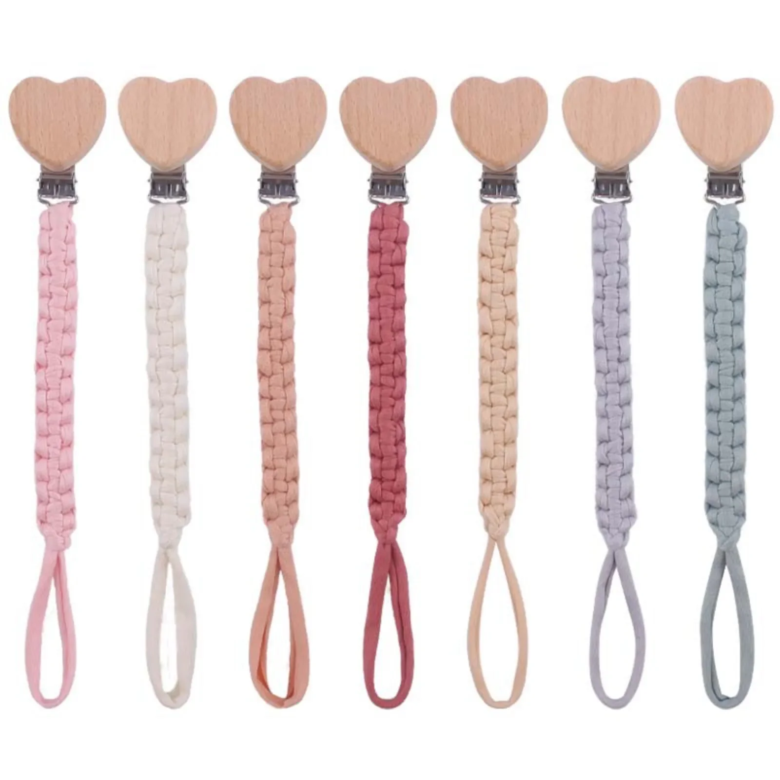 Creative Handmade Cotton Woven Hanging Rope Baby Pacifier Teething Glue Anti Falling Hanging Rope Heart-shaped Beech Wood Clip