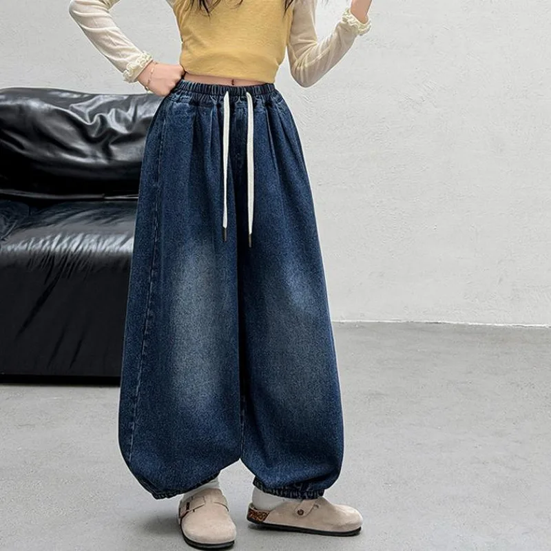 Girls Retro Tied Lantern Jeans Kids Denim Pants with Ankle Binding Autumn Spring Children's Fashion Wide Leg Trousers Sweatpants