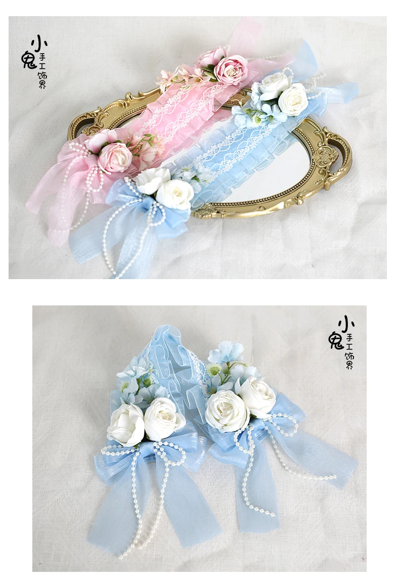 Ribbon Bow Hairband with Hairpins Girls Lolita Lace Ruffled Headband Sweet Embroidery Anime Maid Cosplay Headdress