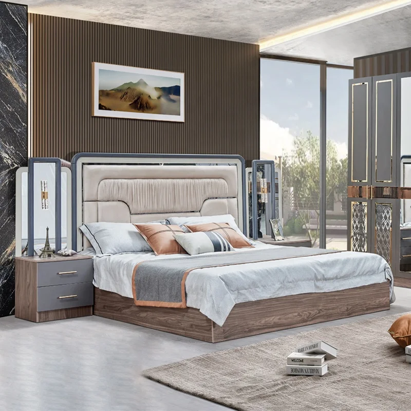 

&Wholesale Complete Wooden Frame Double King Size Bed Room Set Double Wood Full Modern Luxury Home Furniture Bedroom Sets