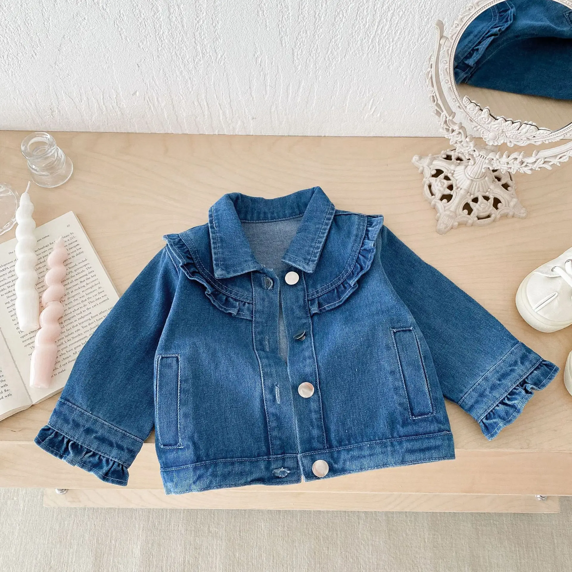 

Autumn New Children Long Sleeve Jacket Girls Lace Lapel Denim Coat Loose Versatile Toddler Fashion Casual Cardigan Kids Clothes