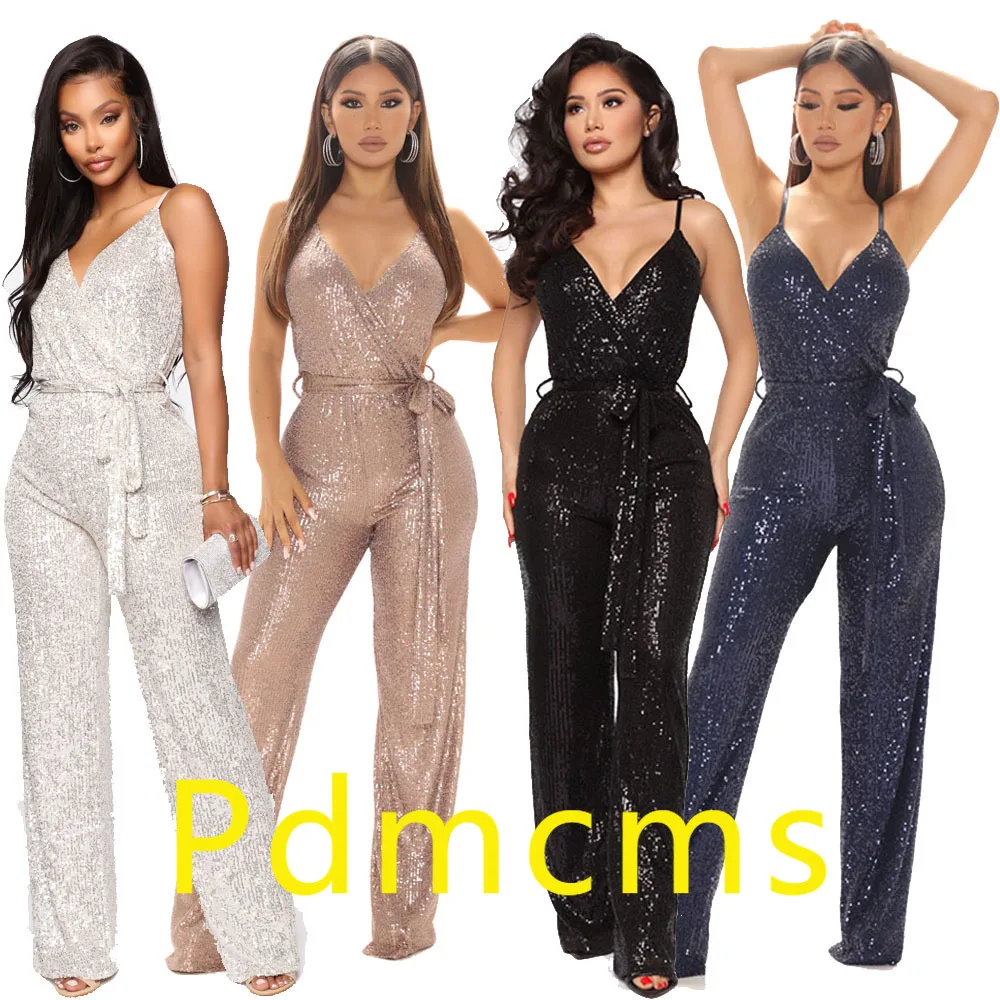 

2025 new European and American fashion sequins sexy sleeveless suspender jumpsuit spring and summer women's clothing