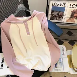 Sweet Patchwork Contrast T Shirt Tops Spring Autumn New Youth Hooded Thin Korean Loose Pullovers Casual Fashion Women Clothing