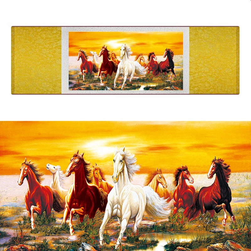 top quality Chinese Horse silk painting  Horse art painting Silk scroll art painting eight horse painting19062707