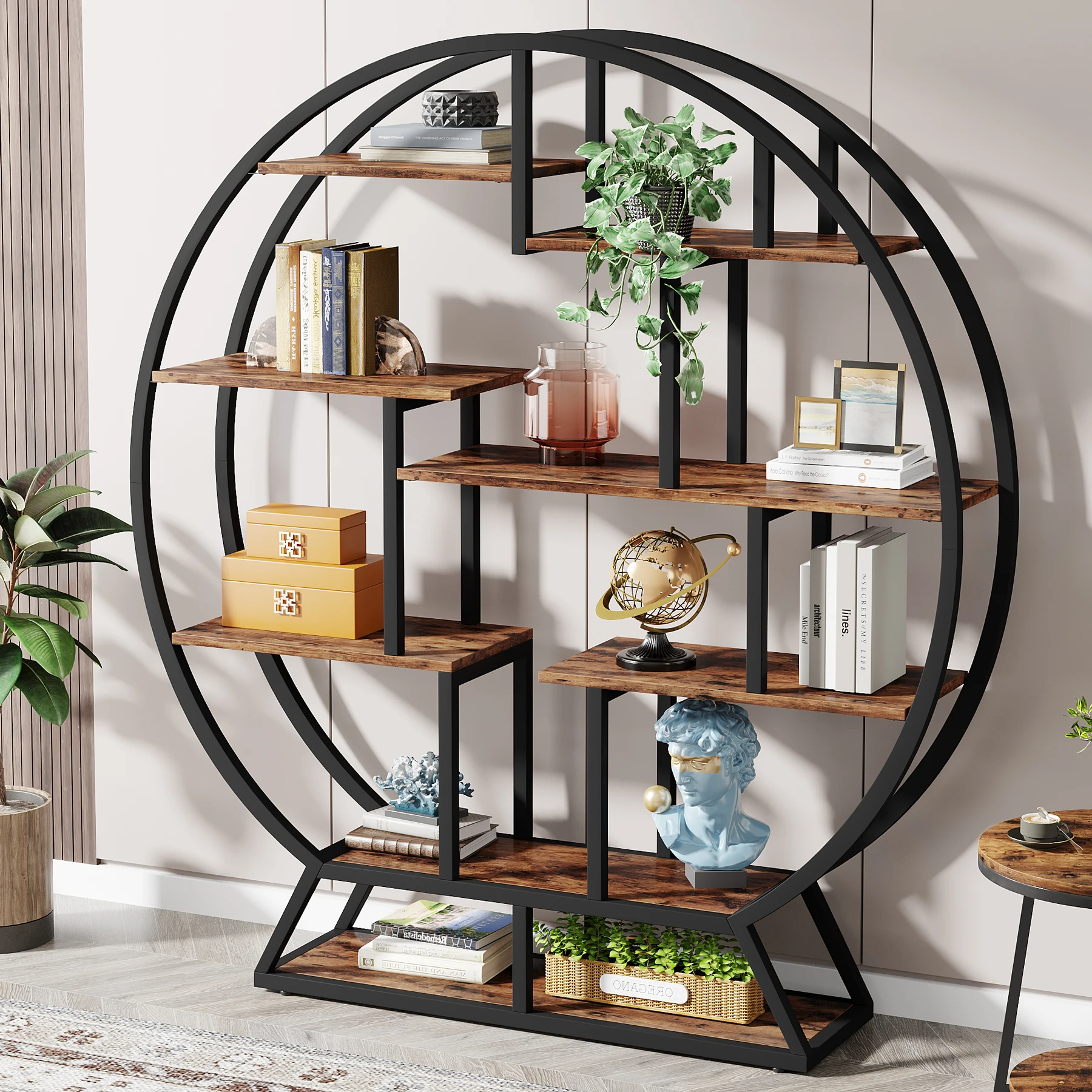 Tribesigns Bookshelf, Round Bookshelves Etagere Bookcase, 63-Inch Industrial Wood Book Shelf with Staggered Shelves image 3