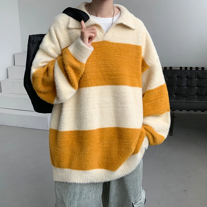 

Trend Contrast Color Striped Loose Men's Fall Winter Casual Sweater Coat 2023 New Lapel Men Seahorse Fur Jumper Men's Knitwear