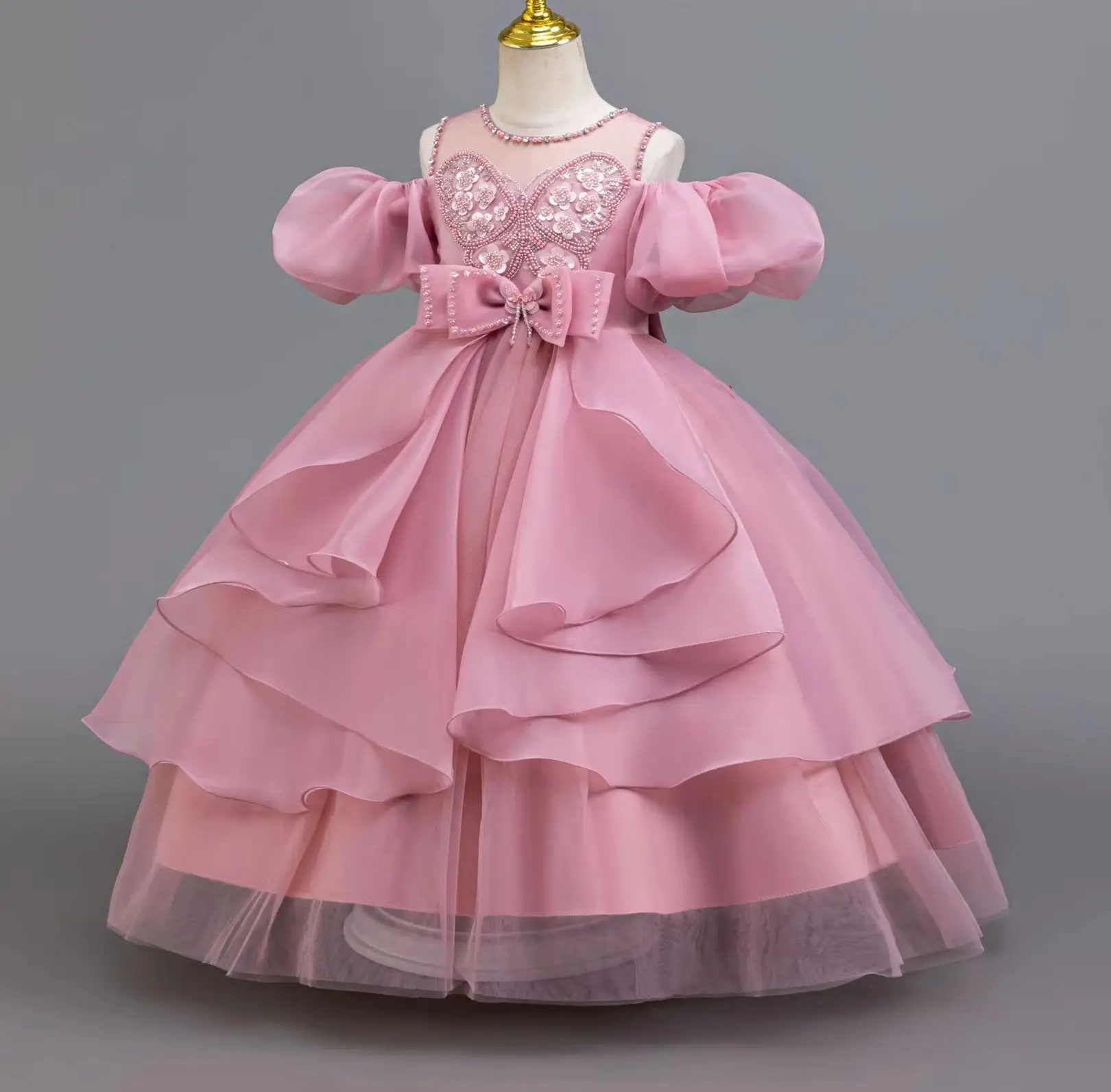New Princess Girl Party Dresses Girls Concert Dress Long Ball Gown Pearls 4-12 Years Child Clothes