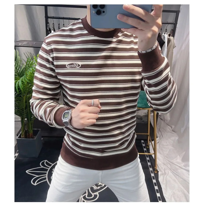 2025 New Autumn Fashion Trend Men's Long-sleeved T-shirt Round Neck Striped Print Slim Casual Sports Sweatshirt