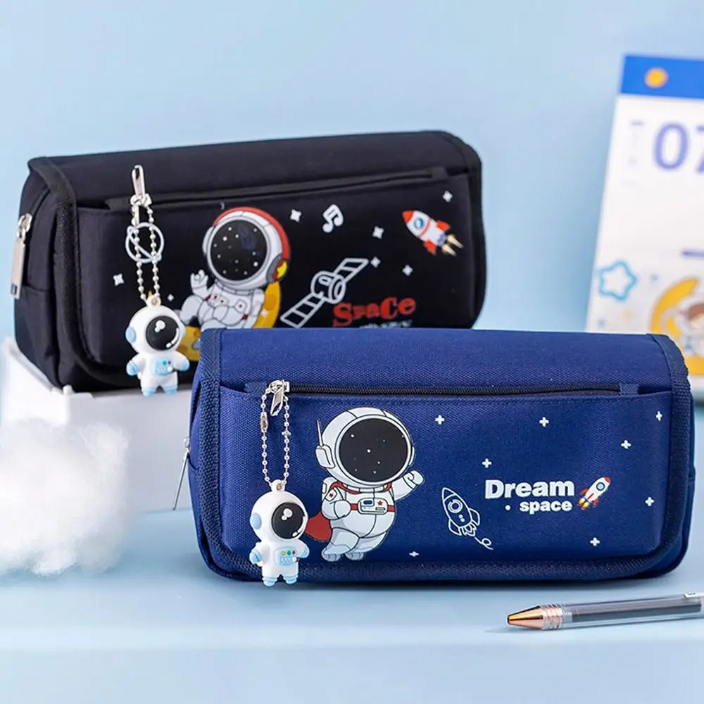 Storage Bag Large Capacity Astronaut Pencil Case Cartoon Double Layer Stationery Bag Space Canvas Pencil Bag Office Accessories