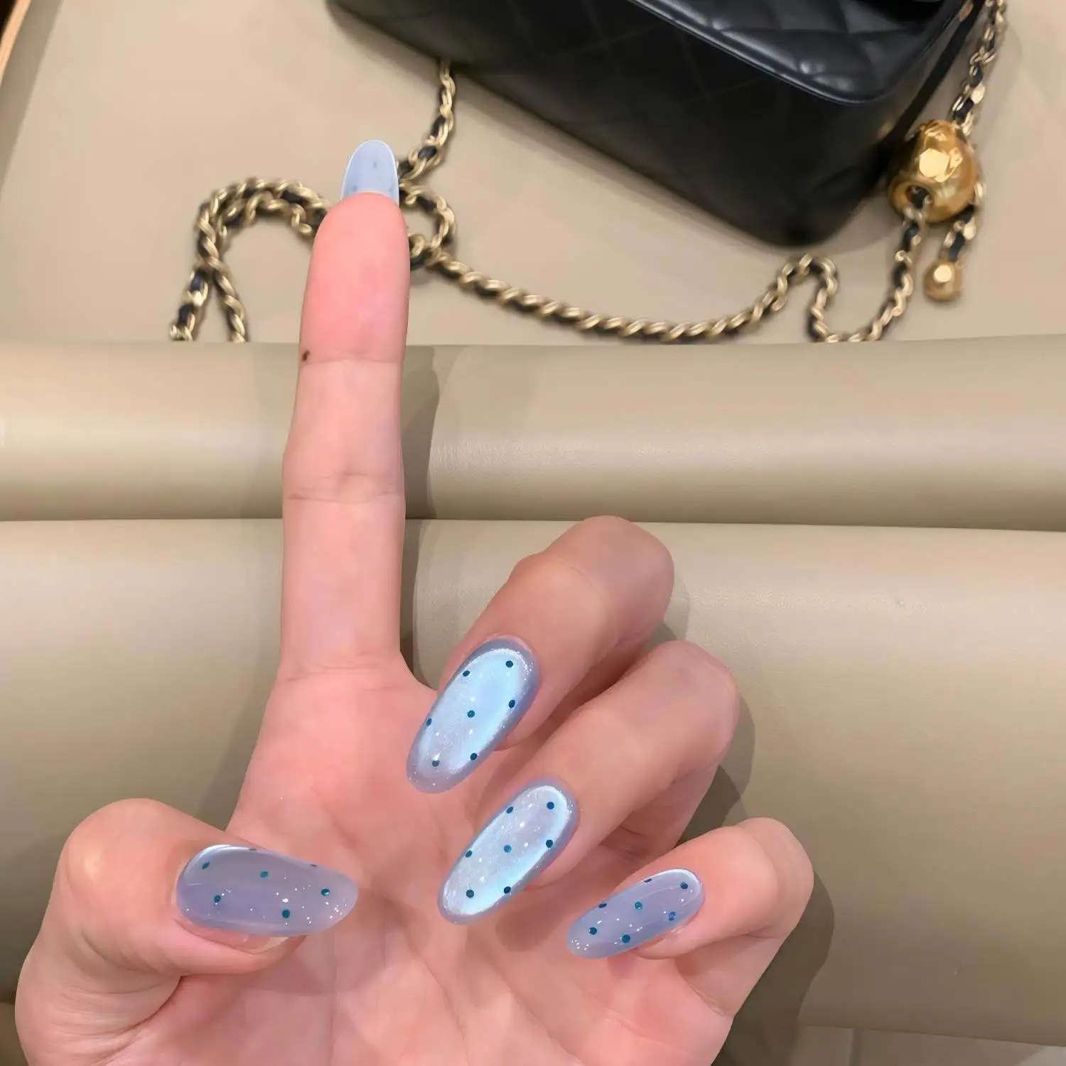 Summer Sea Salt Ice Blue Aurora Polka Dot Handmade Press On Nails, Medium Oval Transparent Shimmer Plain Fake Nails Without Rhin