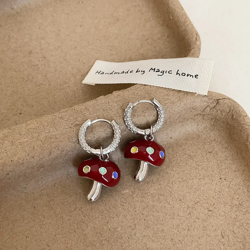 

Oil Dripping Red Mushroom Hoop Earrings for Women Retro Luxury 925 Sterling Silver Dangle Earrings Party Jewelry Girls