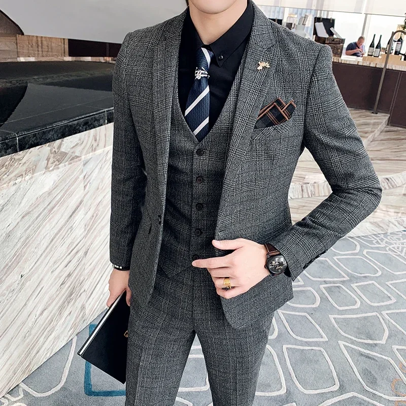 Men\'s High-quality Plus Size 5XL-M 3-piece Suit (suit+vest+pants) Business Fashion Plaid Suit Groom\'s Wedding Banquet Set