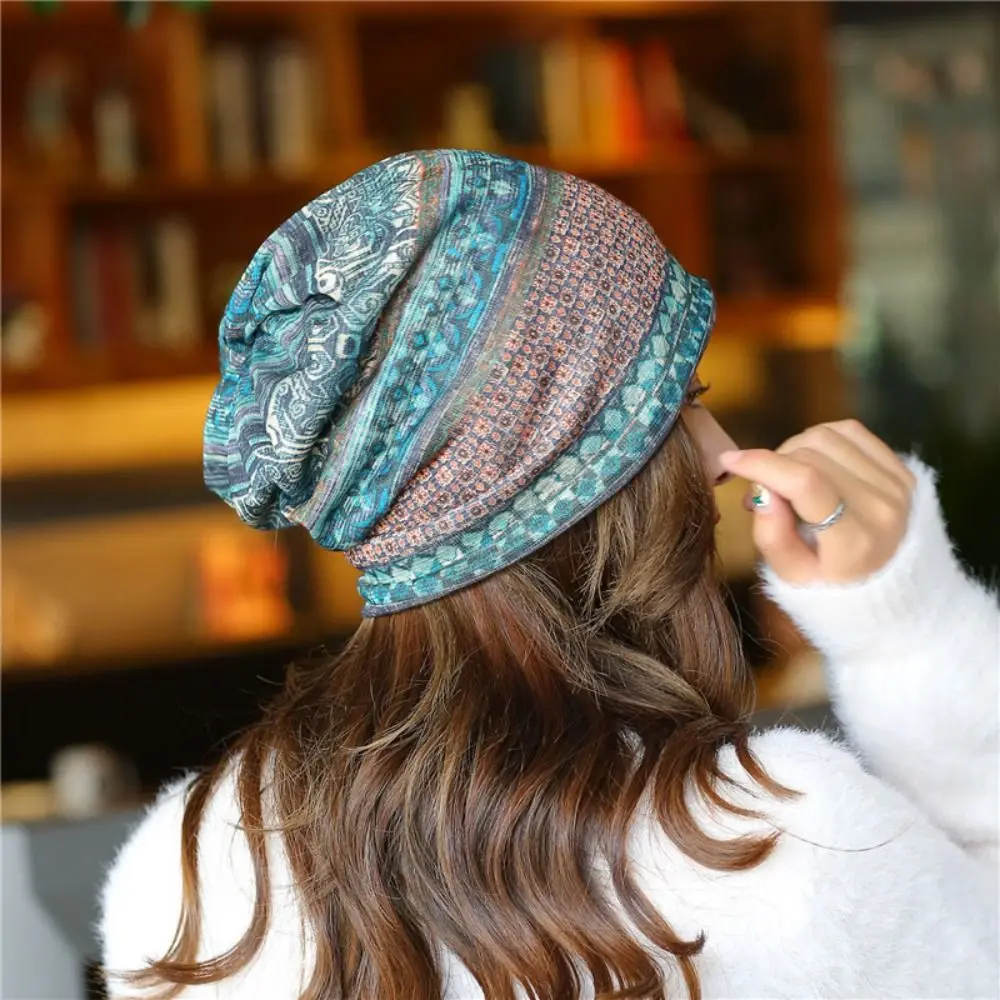 Casual Printed Women Turban Hat Head Wrap Neck Cover Slouchy Beanie Hat Breathable Thin Pullover Cap
