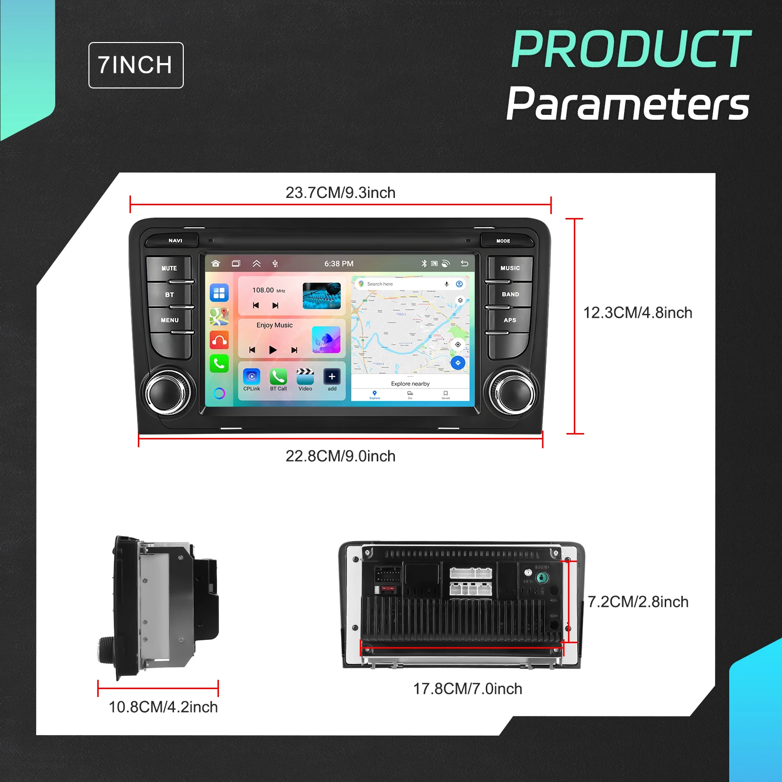 Podofo 7 Zoll 2 Din Autoradio Multimedia-Player für Audi A3 8P/A3 8P1 3-Türer Schrägheck/S3 8P/RS3 Sportback 6+128G HD Kapazitiver Touchscreen Kabelloses Carplay Android Auto Mirror Link Auto-Audiosystem WIFI GPS BT FM/RDS Autoradio Stereo – Detail 22