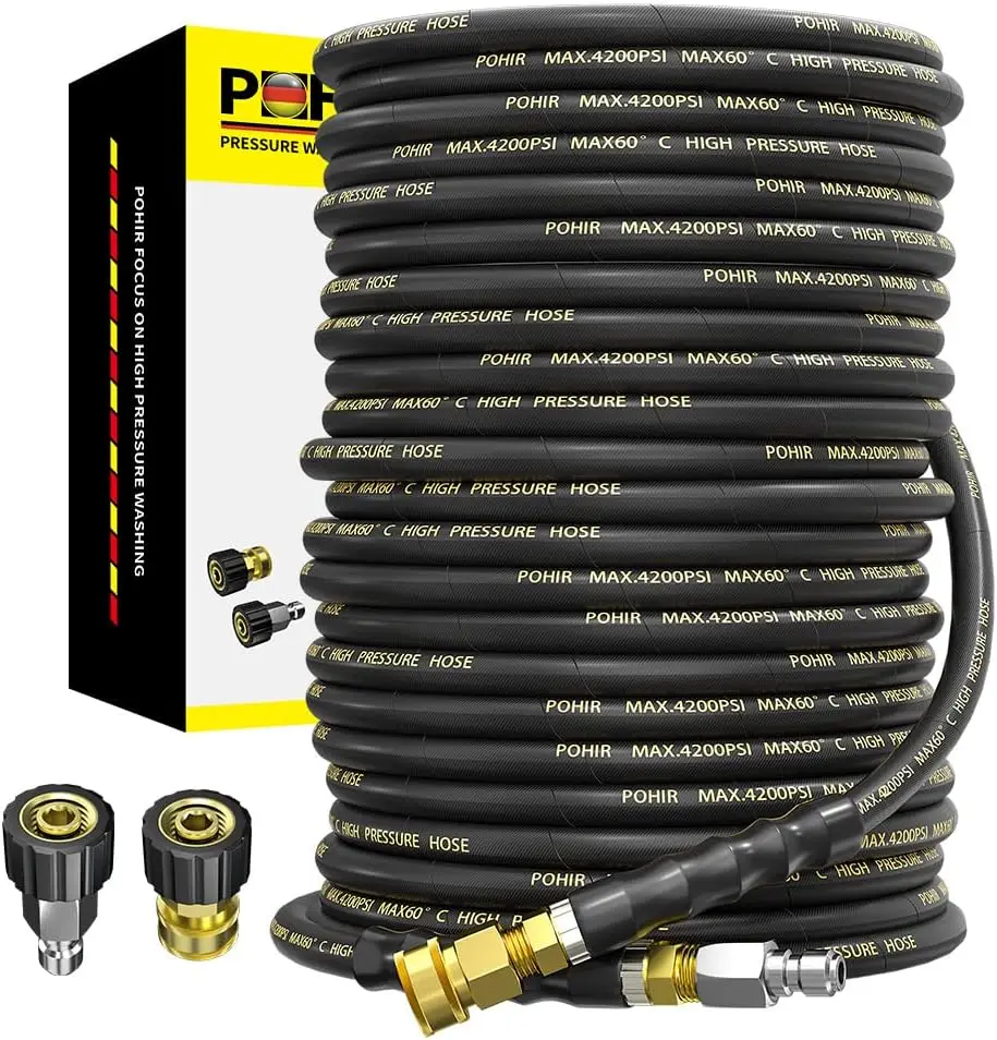 POHIR Power Washer Hose 100FT 3/8'' High Tensile Wire Braided Car Wash Water Hose, with 2 Quick Connect Kits Compatible M22 14 m