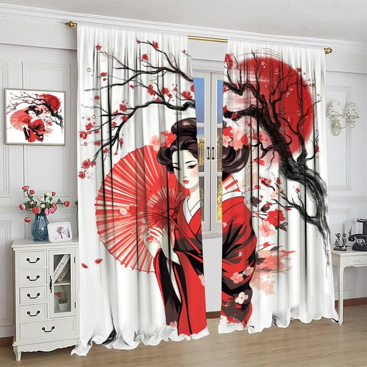 Red Geisha Curtains Japanese Style with Cherry Blossoms Traditional Kimono Folk Culture Style,Rod Pocket Drapes for Living Room