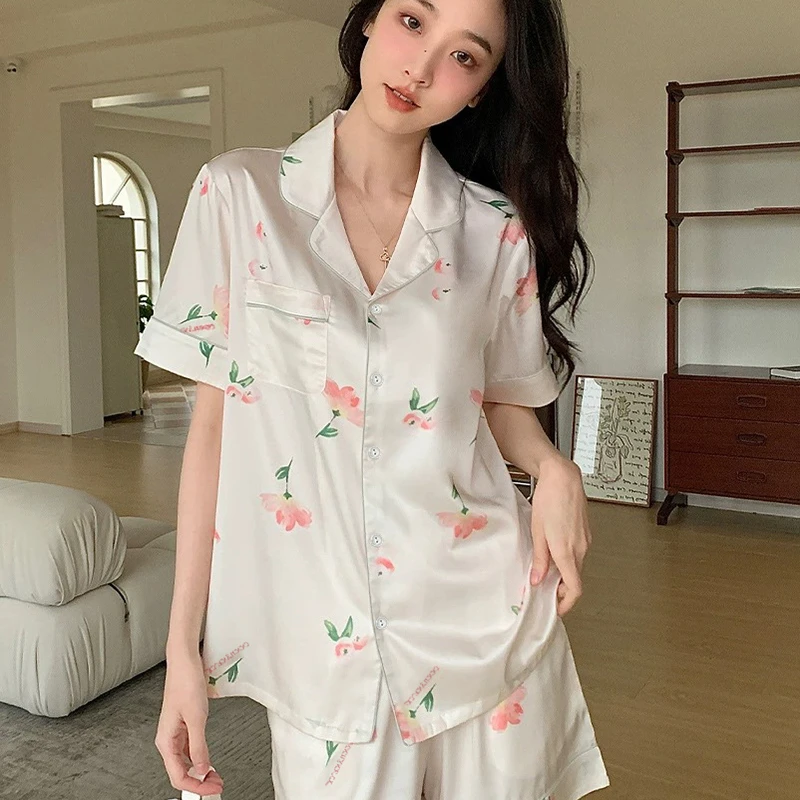 Purple Abstraction Cartoon Flowers Women Pajamas Sweet Lady Simple Style Summer Home Clothing 2024 Y2k New Short Female Lounges