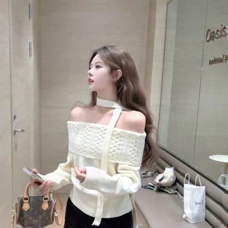 

Autumn and Winter Fashion New Women's Elegant Knitted One Shoulder Hoodie Korean High End Design Warm Sweater Top