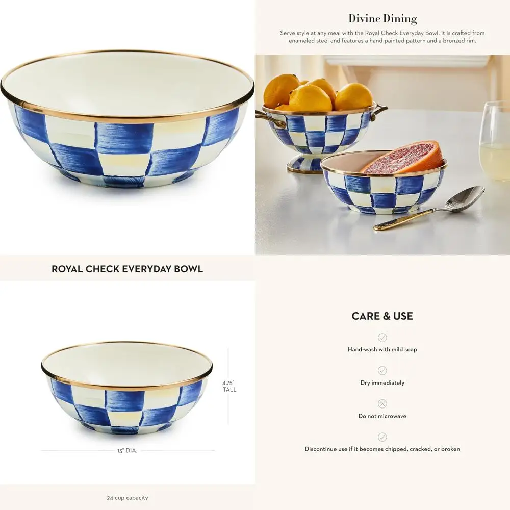 

Эмалированная сервировочная миска для развлечений, очень маленький размер, сине-белый королевский клетчатый узор, идеально подходит для повседневной столовой.