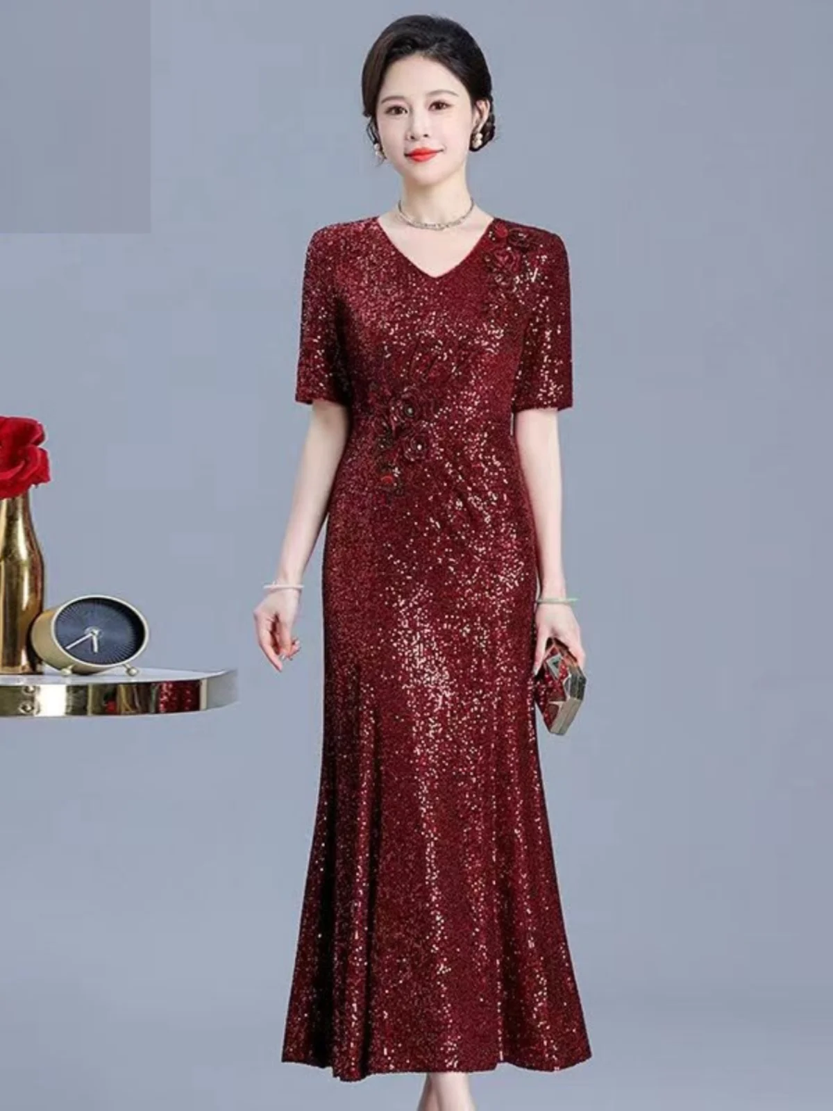 

Ele Wedding Dr 2024 New Sle Spring High Collar ort Sve Mid-Length A-Line Skirt for Wedding Banquet Evening Par