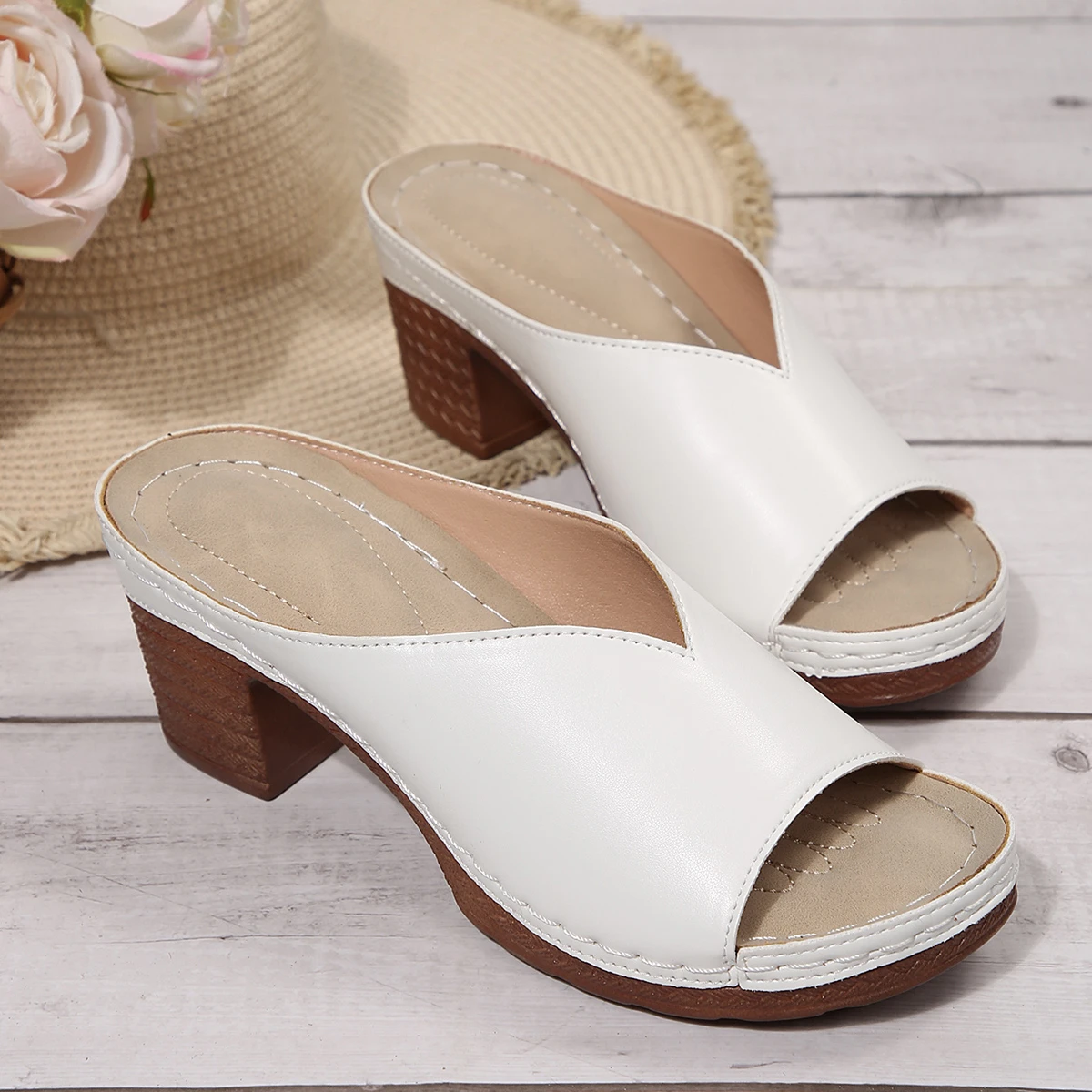 Women's Open-Toe High-Heel Slippers Summer New Fashion Outdoor Wear Slip-On Shoes 36-43 Sizes Polyurethane Upper Cushioning