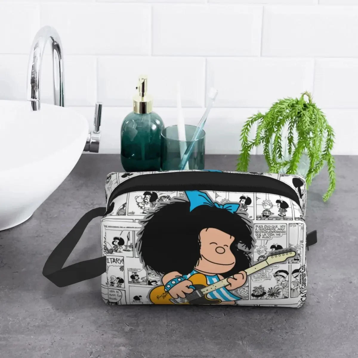 Fashion Kawaii Cartoon Anime Plaid Mafalda Travel Toiletry Bag for Women Quino Makeup Cosmetic Organizer Beauty Storage Dopp Kit