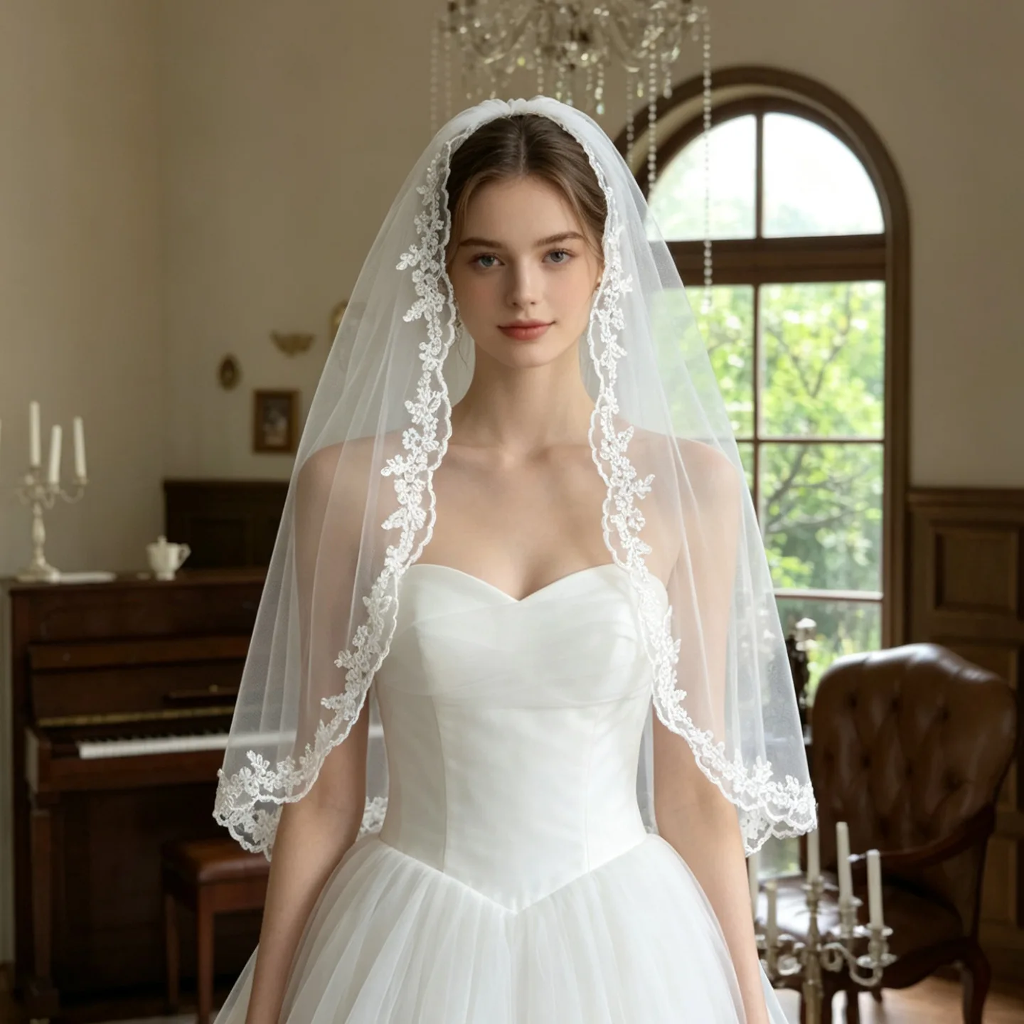 SLBRIDAL Einlagiger Spitzenblumenkanten-Perlen-Brautschleier mit Kämmen Hochzeitsschleier Hochzeitsaccessoires für Braut Hochzeit Damen – Detail 4