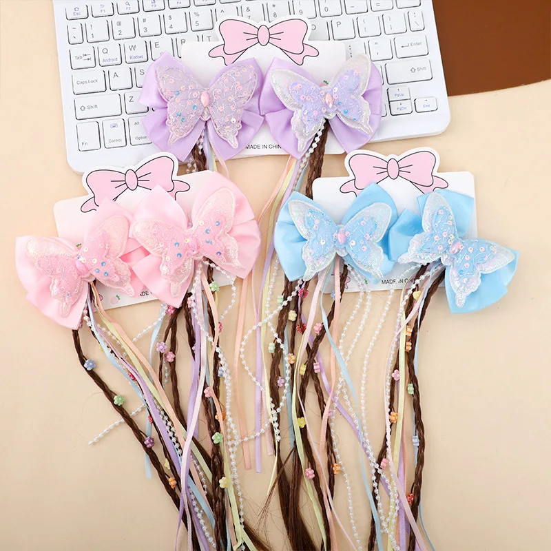 

Girls Butterfly Bow Hair Clips With Braids, 3 Colors Princess Hair Extensions With Ribbon And Beads For Kids