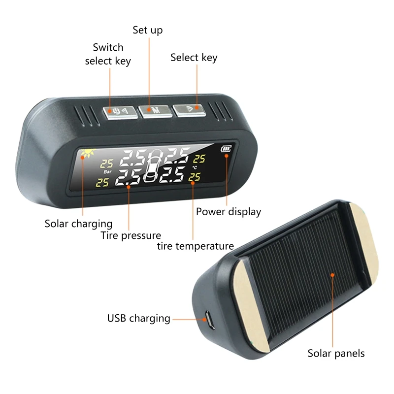 Tpms sistema de monitoramento pressão dos pneus carga solar retroiluminação automática display lcd 4 sensores para carros suv caminhões campistas