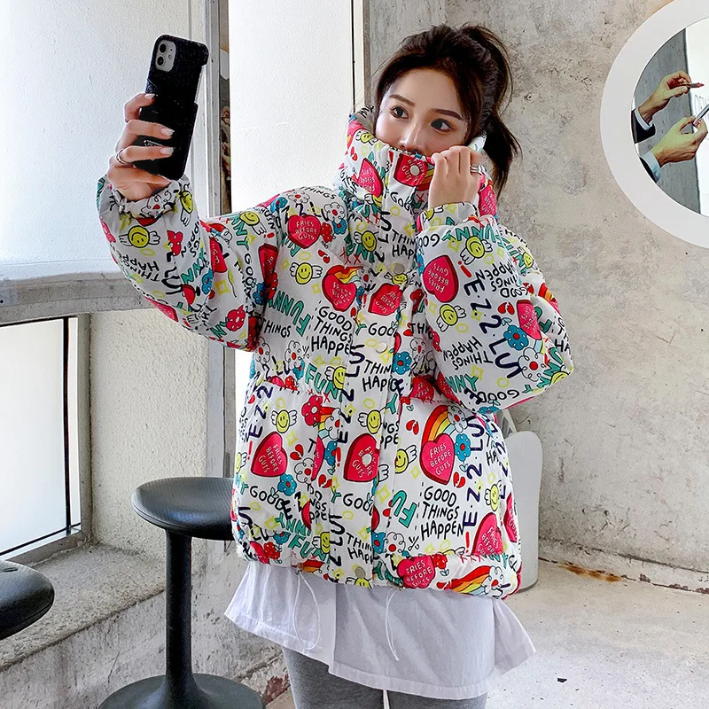 Giacca corta da pane, piumino di cotone, giacca di cotone, giacca di cotone autunnale e invernale allentata coreana stampata da donna, nuovo stile
