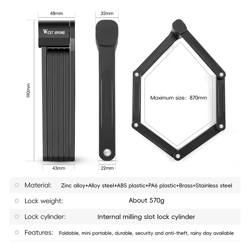 WEST BIKING Bicycle Folding Lock 2 Keys 87cm High Security Alloy Steel Lock For MTB Road Bike E-Bike Anti-Theft Foldable Lock