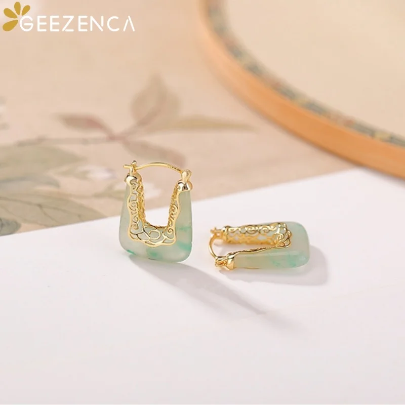 GEEZENCA Jade 925 Sterling Silver Huggie Hoop Earrings For Women Gold Plated Hollow Simple Trendy Dainty Stackable Earring Gift