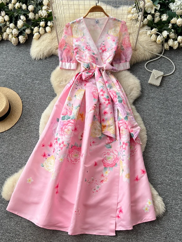 

Элегантное длинное платье А-силуэта с V-образным вырезом, женское, весна-лето, новая корейская версия, отпускное платье с принтом, с завышенной талией, из полиэфирного волокна